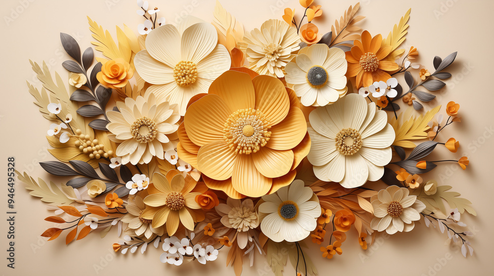 Elegant autumn floral arrangement in Pressed Flower style on a beige background. Postcard, background, wallpaper on autumn theme Elegant autumn floral arrangement in Pressed Flower style on a beige background. Postcard, background, wallpaper on autumn theme