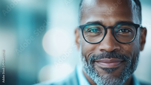 A middle-aged man with gray beard and glasses smiling warmly, representing friendliness, approachability, and contentment, captured in a close-up portrait.