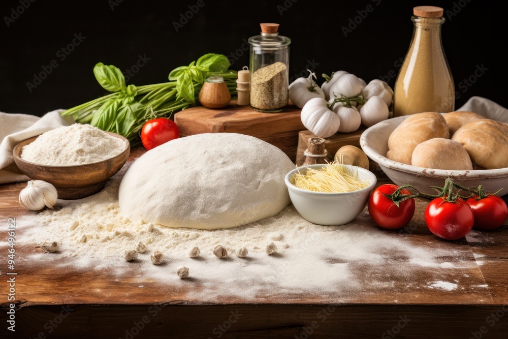 A rustic kitchen table with various pasta ingredients, including flour, eggs, and a rolling pin, ready for homemade pasta preparation A rustic kitchen table with various pasta ingredients, including flour, eggs, and a rolling pin, ready for homemade pasta preparation