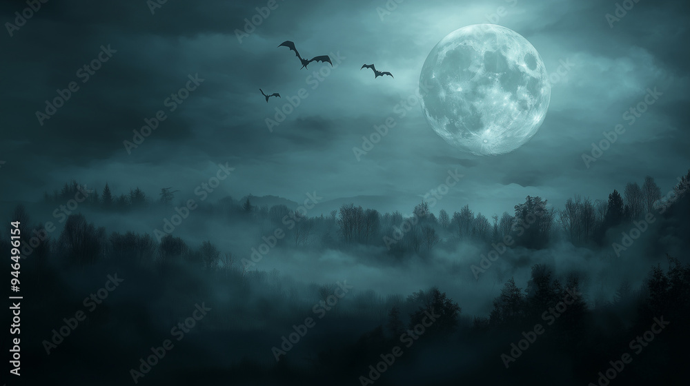 Spooky Full Moon Night with Bats and Foggy Forest Spooky Full Moon Night with Bats and Foggy Forest