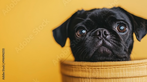 A black pug dog peeks out from a yellow basket, complemented by a matching yellow wall, creating a fun and friendly atmosphere with an emphasis on contrast and color harmony.