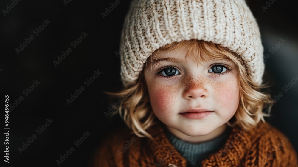 A close-up of a young child with freckles and wearing a cozy knit hat, gazing into the camera with clear blue eyes, represents innocence, curiosity, and warmth. A close-up of a young child with freckles and wearing a cozy knit hat, gazing into the camera with clear blue eyes, represents innocence, curiosity, and warmth.
