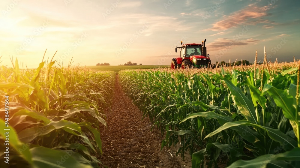 Tractor in a cornfield, the future of smart agriculture farming concepts. Agriculture banner. 