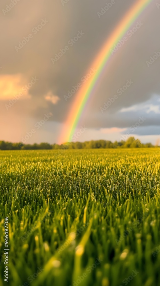 Naklejka premium Green Grass Field with Rainbow in Sky
