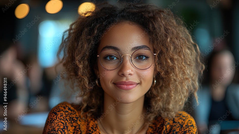 Naklejka premium Young confident businesswoman smiling in busy office space