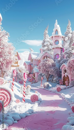 Whimsical candy land  vibrant pink buildings, snowy trees, and lollipops in enchanting winter scene photo