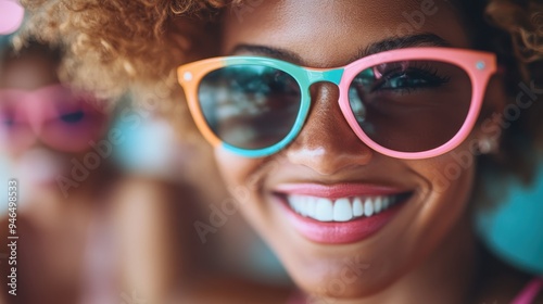 Two stylish friends wearing colorful sunglasses are having fun together outdoors, encapsulating a joyous and carefree moment in a bright and vibrant setting.