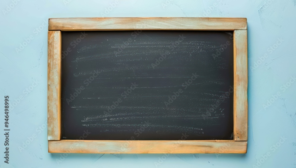 Slate blackboard with wooden borders on a pale sky blue background, top view for maximum design space in educational mockups Ideal for school presentations Slate blackboard with wooden borders on a pale sky blue background, top view for maximum design space in educational mockups Ideal for school presentations