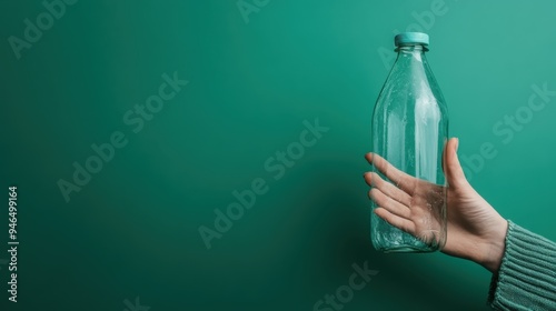 An empty glass bottle is held by a hand in front of a green background, illustrating simplicity, minimalist design, and the contrast between the transparent bottle and the colored backdrop. photo