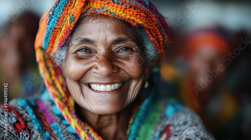 An elderly woman wearing a colorful headscarf, smiling warmly and exuding wisdom, culture, and tranquility. The background is vibrant with traditional patterns. photo