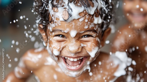 A thrilled child covered in soap bubbles, laughing and playing enthusiastically outdoors. The sheer joy and excitement of the moment are beautifully captured. photo