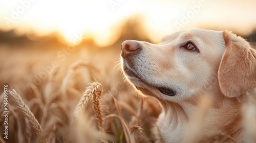 A photograph of a dog sitting in a field, looking thoughtfully towards the horizon during a golden sunset, capturing a moment of calm and reflection in nature's backdrop. photo