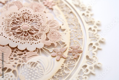 Close-up of a single vintage birthday card with intricate lace details, a classic font,