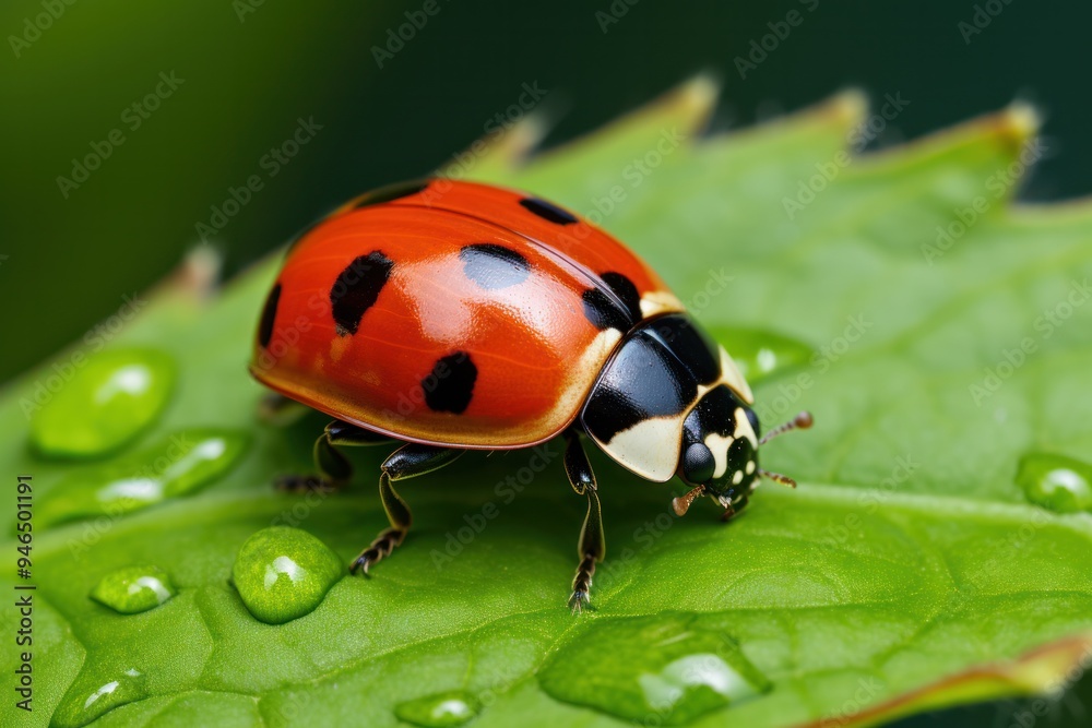 Close-up of a vibrant ladybird resting on a fresh green leaf, Close-up of a vibrant ladybird resting on a fresh green leaf,