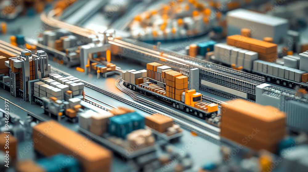 Model of a busy industrial area with trucks, containers and cranes. Model of a busy industrial area with trucks, containers and cranes.