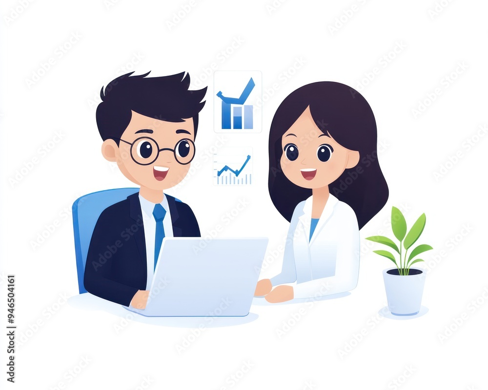 A detailed meeting between a bank officer and an entrepreneur, with graphs and charts displayed on a laptop A detailed meeting between a bank officer and an entrepreneur, with graphs and charts displayed on a laptop