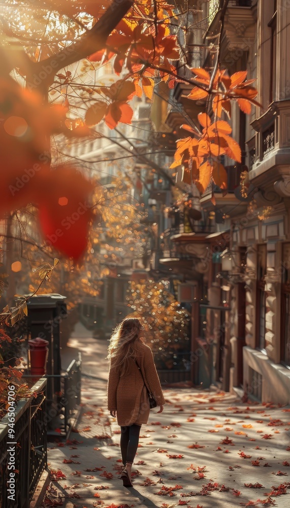 Naklejka premium Autumn stroll woman walking through city street with charming urban fall scenery