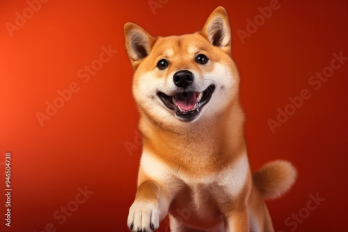 Joyful shiba inu dog with a big smile, standing playfully on its hind legs, looking directly at the camera