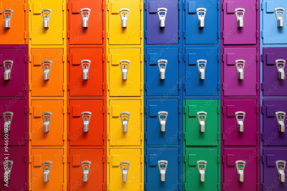 Fototapeta premium Multiple colorful school lockers with individual locks, arranged in a neat row
