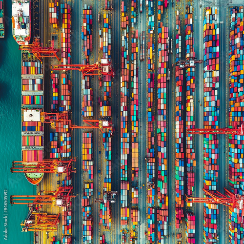 Aerial view of a busy shipping port with cargo containers and cranes.