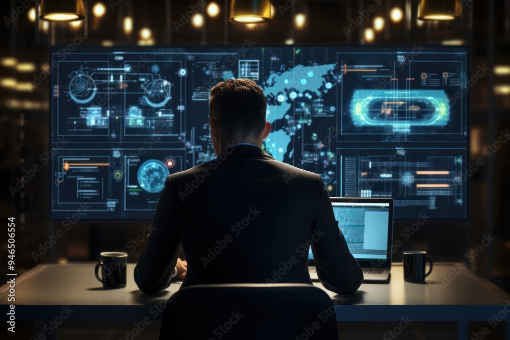 Professional in a suit working on a laptop with multiple security notifications and coding on the screen Professional in a suit working on a laptop with multiple security notifications and coding on the screen