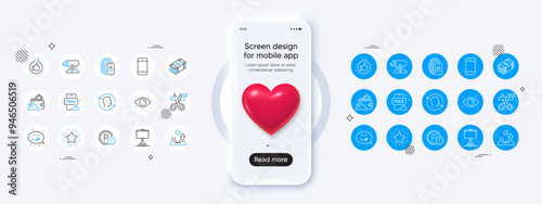 Phone mockup with 3d heart icon. Yummy smile, Smartphone and Health eye line icons. Pack of Face id, Rank star, Sun protection icon. Parking time, Usd currency, Launder money pictogram. Vector