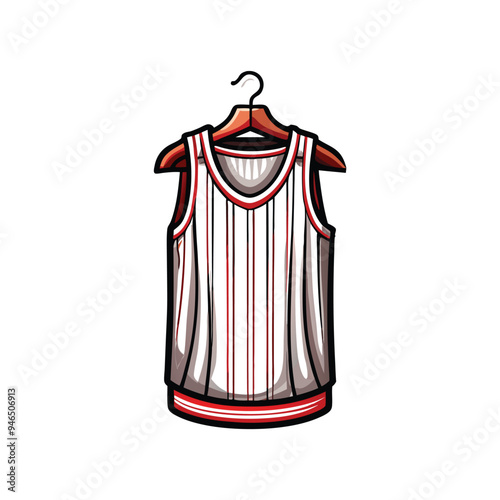 A clean and detailed vector image of a white basketball jersey with red stripes hanging on a wooden hanger.