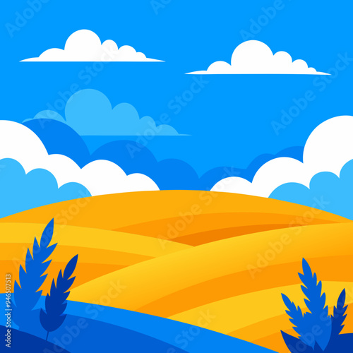 Ukrainian Steppe Sunset Wheat, Blue Sky & White Clouds - Vector Illustration