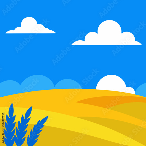 Ukrainian Steppe Sunset Wheat, Blue Sky & White Clouds - Vector Illustration