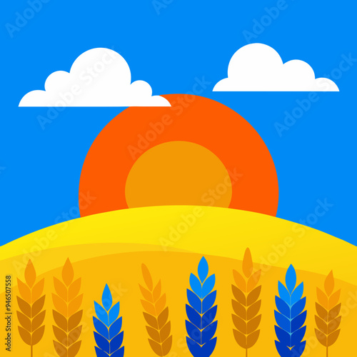 Ukrainian Steppe Sunset Wheat, Blue Sky & White Clouds - Vector Illustration