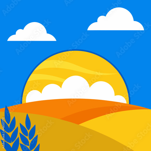 Ukrainian Steppe Sunset Wheat, Blue Sky & White Clouds - Vector Illustration