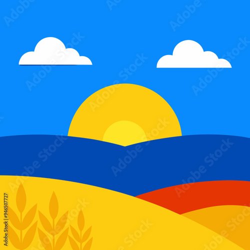 Ukrainian Steppe Sunset Wheat, Blue Sky & White Clouds - Vector Illustration