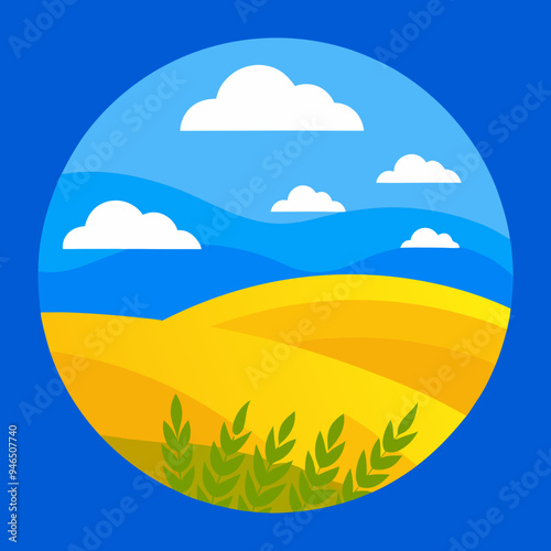 Ukrainian Steppe Sunset Wheat, Blue Sky & White Clouds - Vector Illustration