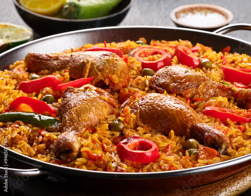 Paella with chicken, peppers and rice in a large pan. a rice dish from the Valencian Community. The concept of traditional Spanish dish.