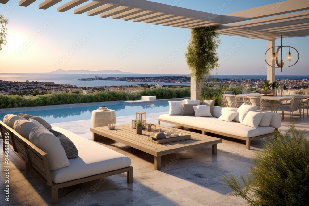Fototapeta premium Stunning luxury villa with a spacious rooftop terrace, panoramic views