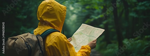 Wallpaper Mural Close-up of a hiker looking at a map in a forest, wearing a yellow rain jacket and backpack, holding a paper map with green trails. Realistic photography, cinematic grading. Torontodigital.ca