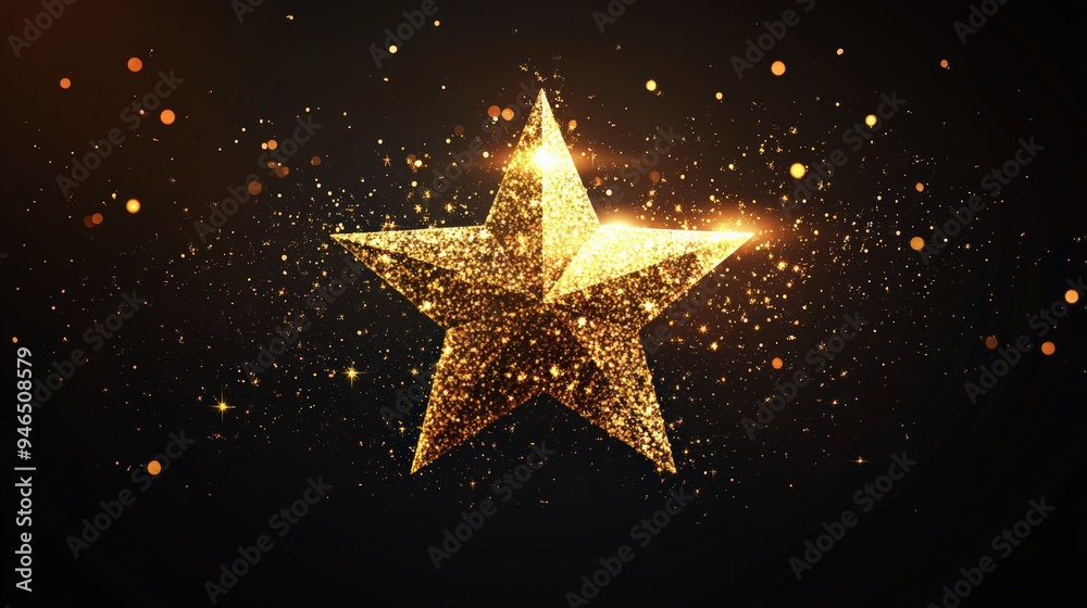 A stunning golden star sparkles against a dark background, surrounded by shimmering particles of light, excellence and celebration. A stunning golden star sparkles against a dark background, surrounded by shimmering particles of light, excellence and celebration.