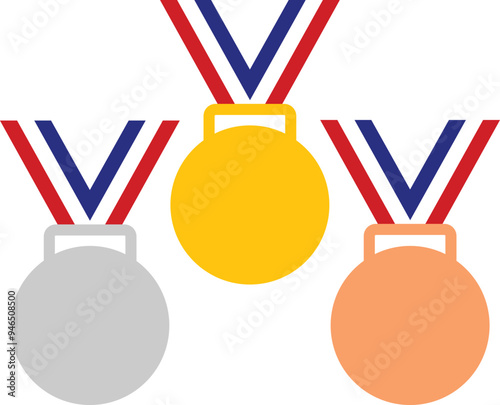 Three top winning medals hanging on red white and blue ribbon. gold medal, silver medal, bronze medal