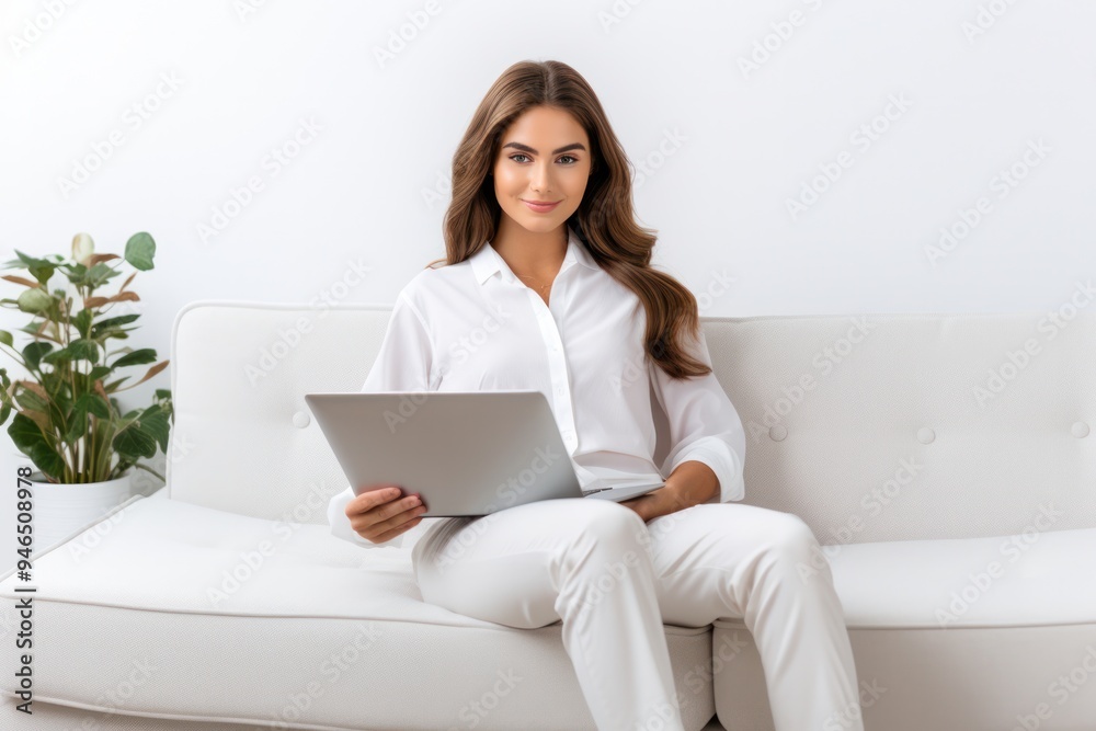 Young woman with long brown hair wearing a casual white shirt, smiling while holding a laptop in her lap Young woman with long brown hair wearing a casual white shirt, smiling while holding a laptop in her lap