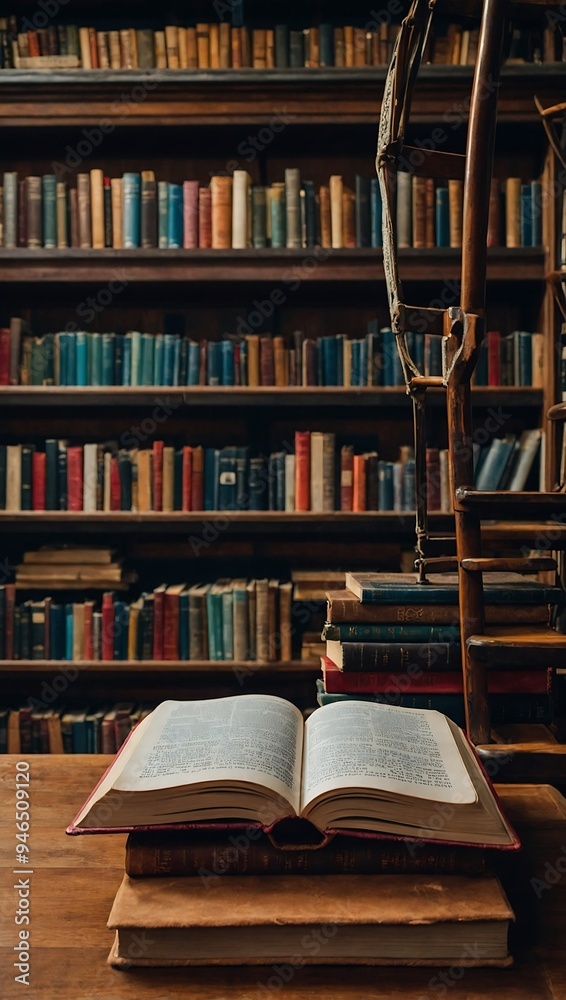 Open Book in Library Open book on a stack of books in a cozy library setting, inviting exploration Open Book in Library Open book on a stack of books in a cozy library setting, inviting exploration