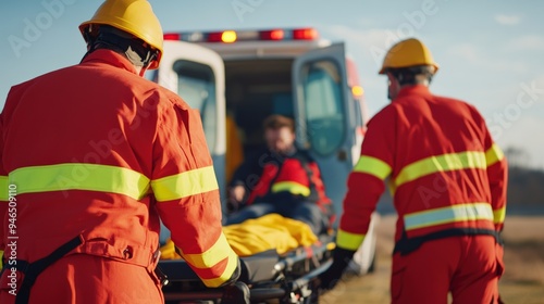 First responders transport an injured individual to an ambulance, teamwork and emergency medical action in a critical situation.