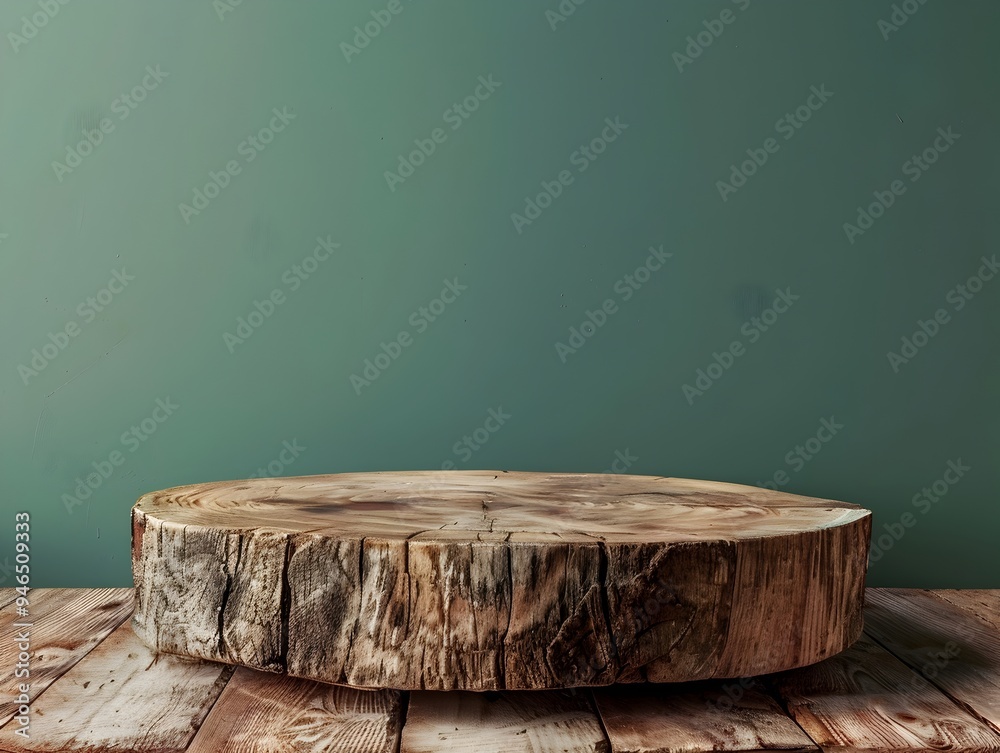 Fototapeta premium Rustic Wooden Platform on Muted Green Background for Product Presentation Concept
