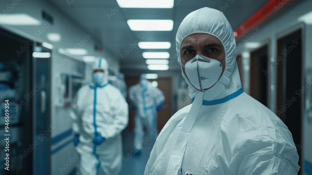 Medical professional in protective gear, focused in a hospital corridor, showcasing dedication and safety in healthcare. Medical professional in protective gear, focused in a hospital corridor, showcasing dedication and safety in healthcare.