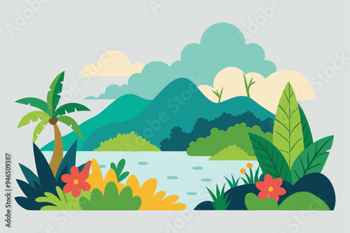 Tropical Exotic Romantic Landscape with Jungle, Island, and Sea  Handmade Vector Illustration photo