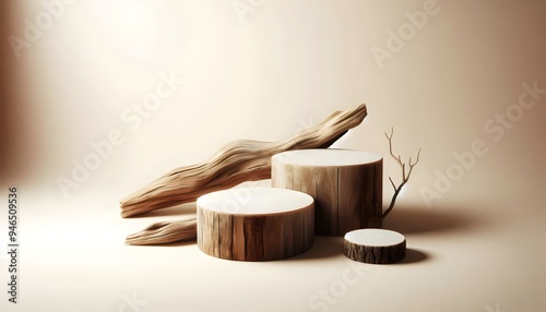 a minimalist wooden product podium with style of a driftwood, and tree trunk, on a clean light beige background photo