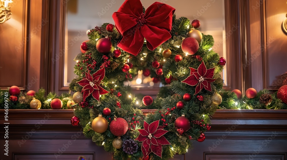Festive Christmas Wreath with Red Bow and Ornaments on Wooden Background, Illuminated with Warm Lights Festive Christmas Wreath with Red Bow and Ornaments on Wooden Background, Illuminated with Warm Lights