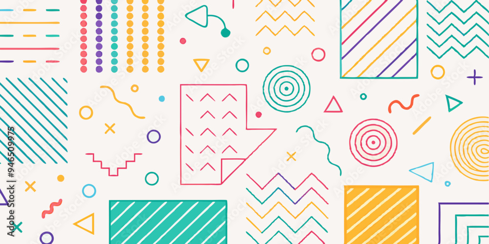 Fototapeta premium Colorful line doodle seamless pattern set. Creative minimalist style art background 