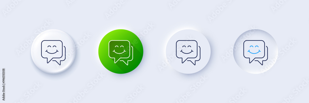 Smile face line icon. Neumorphic, Green gradient, 3d pin buttons. Happy emoticon chat sign. Speech bubble symbol. Line icons. Neumorphic buttons with outline signs. Vector Smile face line icon. Neumorphic, Green gradient, 3d pin buttons. Happy emoticon chat sign. Speech bubble symbol. Line icons. Neumorphic buttons with outline signs. Vector