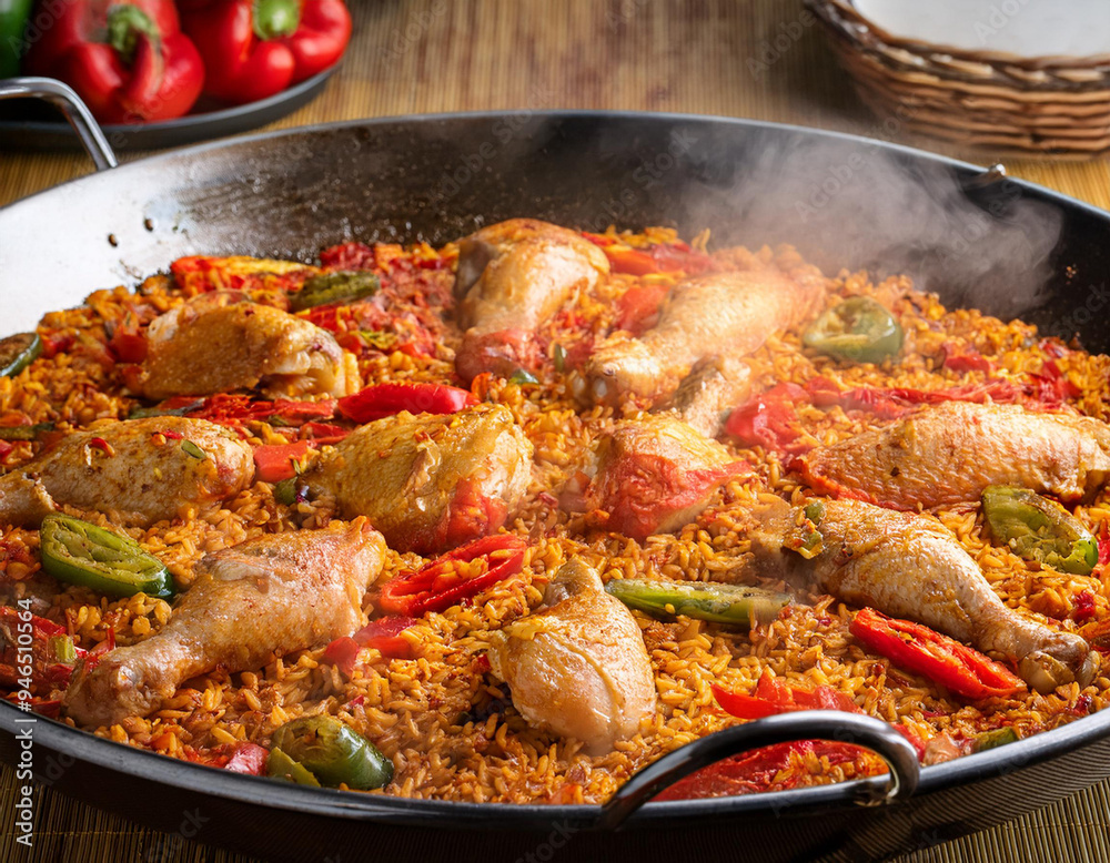 Paella with chicken, peppers and rice in a large pan. a rice dish from the Valencian Community. The concept of traditional Spanish dish. Paella with chicken, peppers and rice in a large pan. a rice dish from the Valencian Community. The concept of traditional Spanish dish.