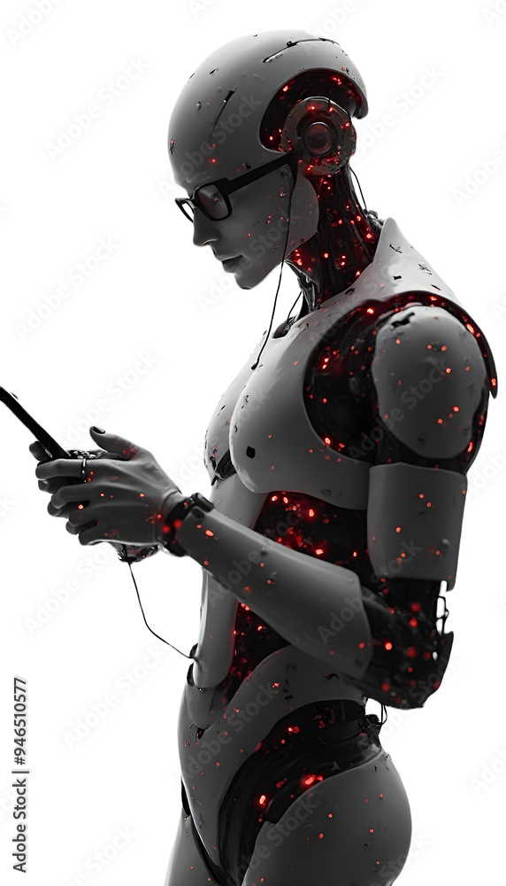 cyborg with phone, robot holding smartphone in hand, white background cyborg with phone, robot holding smartphone in hand, white background